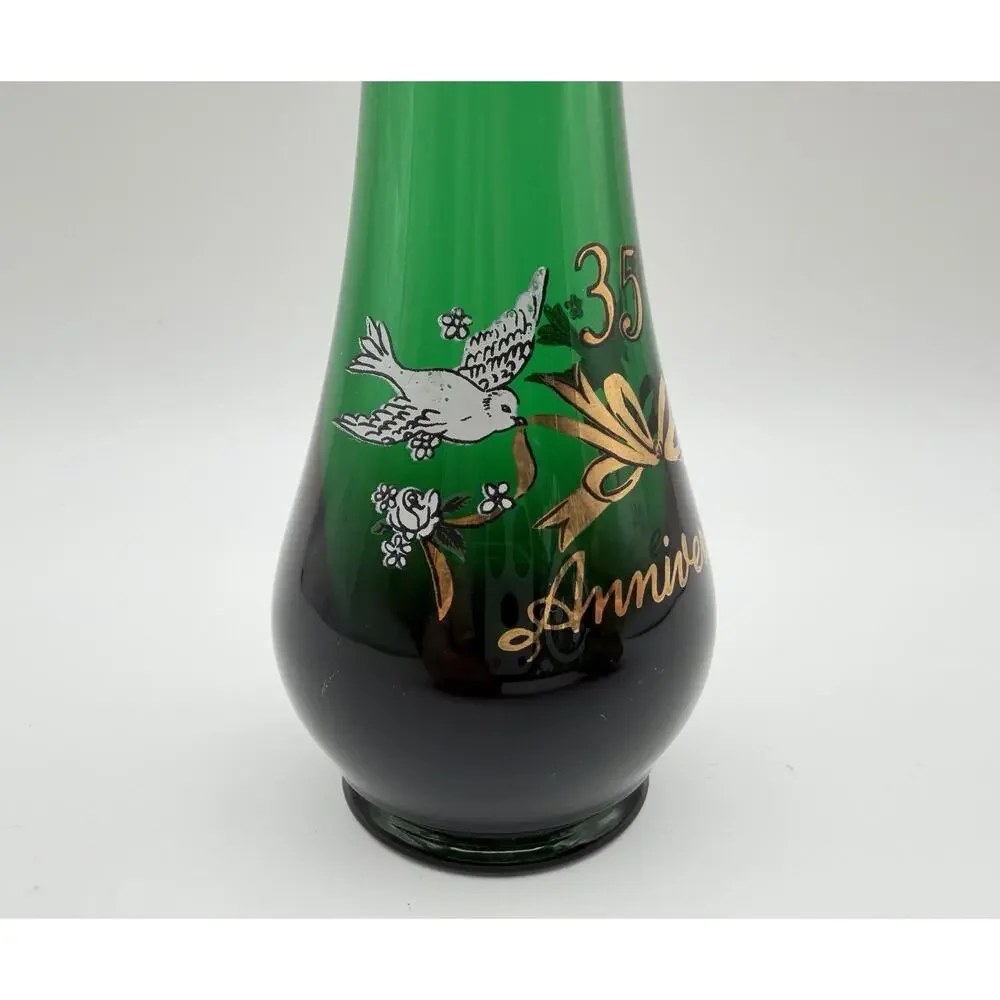 Viking Emerald Green Swung Glass Bud Vase 10.5” 35th Anniversary with Label MCM